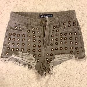 Studded Fringe - Distressed Gray Denim Jean Shorts